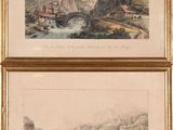 deux aquarelles représentant des montagnes et une rivière, dans un cadre doré