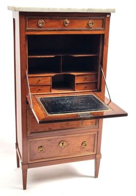 a small desk with a marble top and drawers
