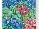une peinture représentant des fleurs bleues et roses sur fond vert