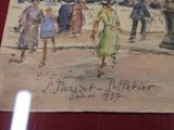 un dessin représentant un groupe de personnes marchant sur la plage
