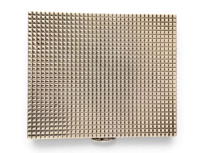 a close up of a square metal mesh on a white background