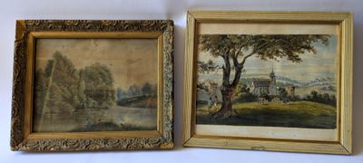 two framed paintings of a landscape with a river and a castle