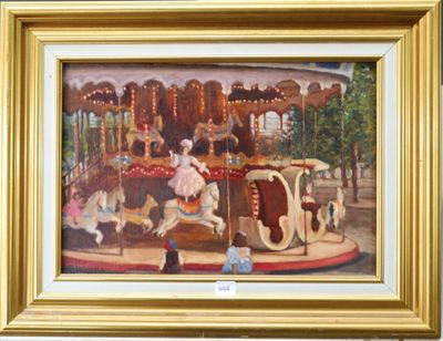 un tableau représentant un manège avec des chevaux et des personnes dessus