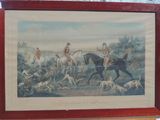 painting of a man on a horse with a group of dogs in the background