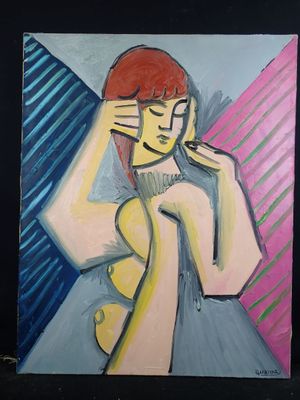 a painting of a woman holding her hand to her face