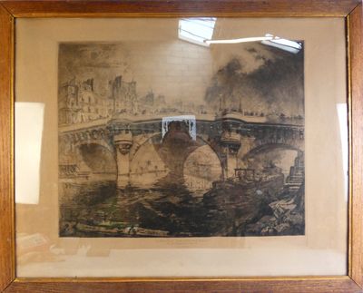tableau représentant un pont enjambant un plan d'eau, avec un bâtiment en arrière-plan