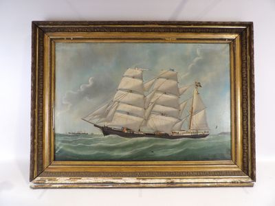 une vieille peinture représentant un voilier en pleine mer