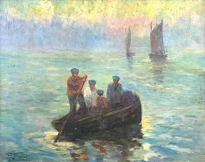 painting of a group of people in a boat on a body of water