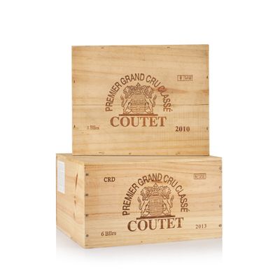 two wooden boxes with a logo on them sitting on top of each other