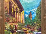 une peinture à l'huile représentant un tableau d'une femme dans un jardin près d'un bâtiment