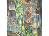 peinture représentant une fenêtre avec un rideau vert et un vase de fleurs