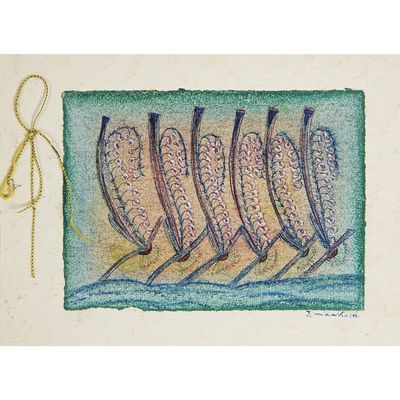 drawing of a group of bananas on a green background with a gold chain