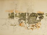 drawing of a group of people sitting on a bench near a body of water