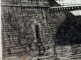 a black and white drawing of a bridge with a building in the background