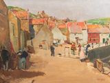 un tableau représentant des personnes marchant dans une rue près d'un bateau