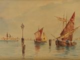 un tableau représentant des bateaux sur l'eau, près d'une ville