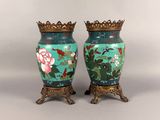pair of chinese cloissant vases with flowers and birds on green ground