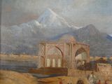 tableau représentant un tableau d'un bâtiment dans le désert, avec des montagnes en arrière-plan