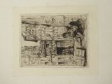 drawing of a man sitting on a chair in front of a fireplace