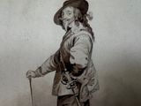 drawing of a man with a cane and a hat holding a cane