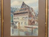 an image of a painting of a building on a river