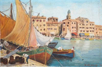 R. PLANTE. "Le port animé" Huile sur toile, signée en bas à …