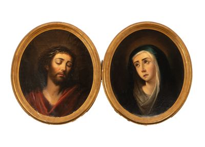 two oval paintings of jesus and a woman in a red dress