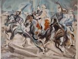 un tableau représentant un groupe de chevaux participant à une course