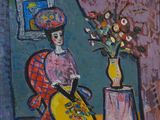 un tableau représentant une femme assise sur une chaise à côté d'un vase de fleurs