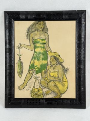 painting of a woman in a green dress and a man in a yellow shirt