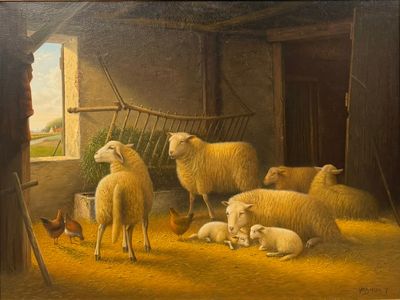 tableau représentant des moutons et des poulets dans une grange avec des poulets et des poulets