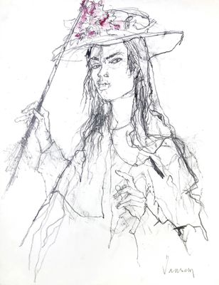 drawing of a woman wearing a hat and holding a wand