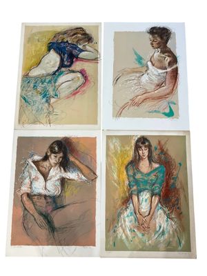 four different colored drawings of a woman sitting on a chair