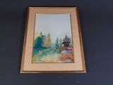 painting on the wall of a room with a picture of a train on it