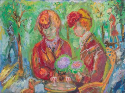 painting of two women sitting at a table with flowers in front of them