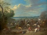 a painting of a group of men on horseback in a field