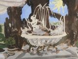a painting of a fountain in the middle of a park