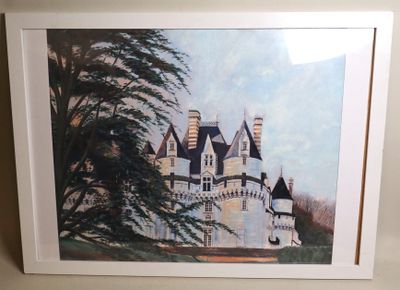 tableau représentant un château dans un cadre blanc, avec des arbres en arrière-plan