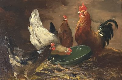 un tableau représentant des poules et des coqs en train de manger dans un bol