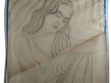 a drawing of a woman holding a stick in her hand