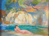 une peinture à l'huile représentant une femme allongée sur une plage au bord d'un plan d'eau