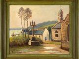 an oil painting of a village scene with a church in the background
