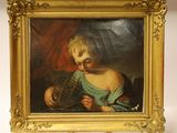 painting of a woman holding a birdcage in a gold frame