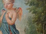 a painting of an angel holding a rifle in a wooded area