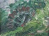 an oil painting of a house with a garden in front of it