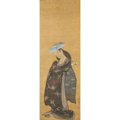 a painting of a woman in a kimono robe and hat