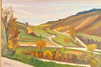 a painting of a rural landscape with a road in the foreground