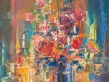 a painting of flowers in a vase on a table