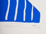 a blue and white drawing of a sailboat on the water