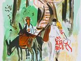 un dessin représentant un homme à cheval avec une femme à ses côtés